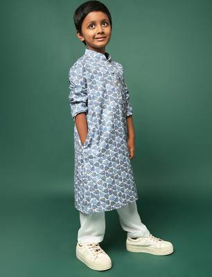 blue cotton chikankari kurta pajama for kids 2
