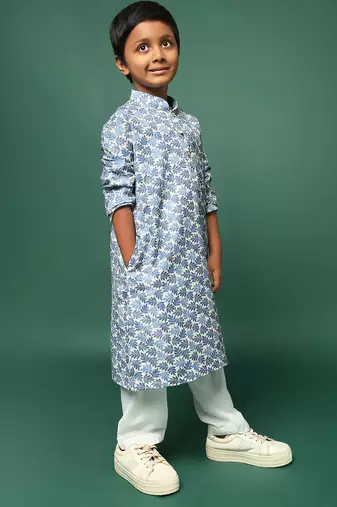 blue cotton chikankari kurta pajama for kids