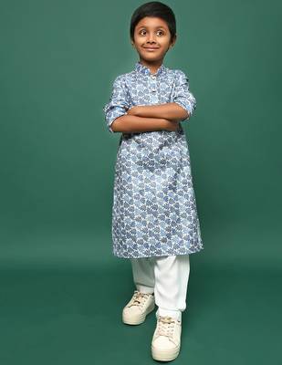 blue cotton chikankari kurta pajama for kids 3