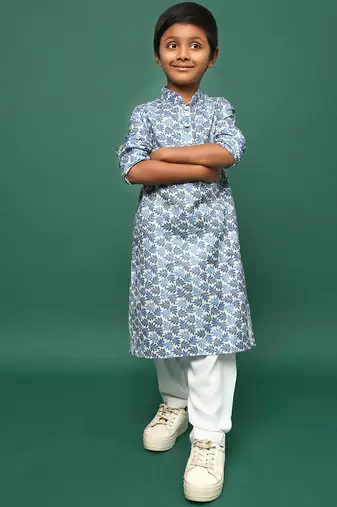 blue cotton chikankari kurta pajama for kids