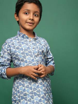 blue cotton chikankari kurta pajama for kids 4