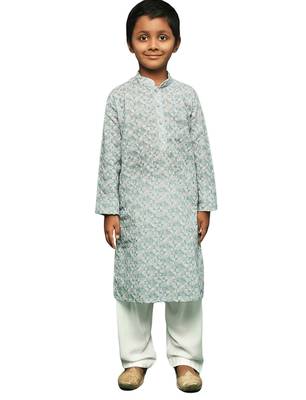 blue cotton chikankari kurta pajama for kids 1