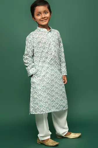 blue cotton chikankari kurta pajama for kids