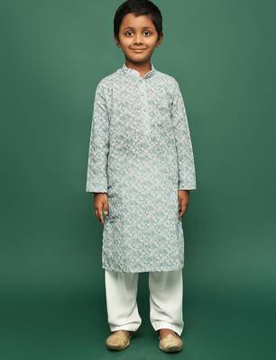 blue cotton chikankari kurta pajama for kids 3