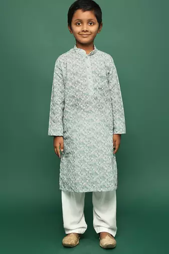 blue cotton chikankari kurta pajama for kids