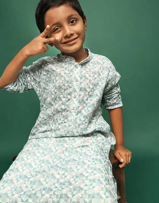 blue cotton chikankari kurta pajama for kids 4