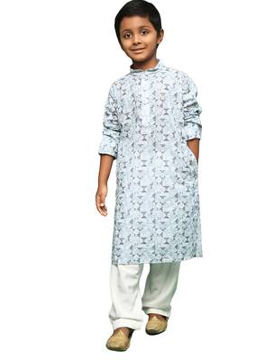 teal blue cotton chikankari kurta pajama for kids 1