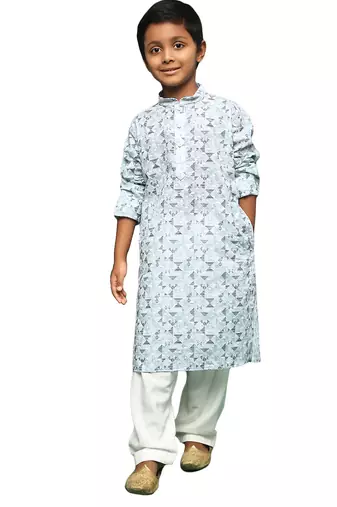 teal blue cotton chikankari kurta pajama for kids