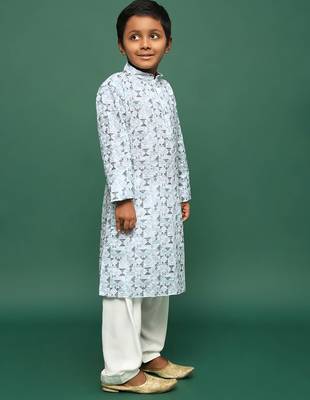 teal blue cotton chikankari kurta pajama for kids 2