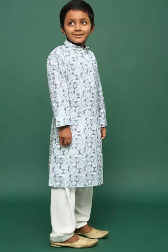 teal blue cotton chikankari kurta pajama for kids