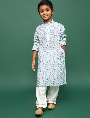teal blue cotton chikankari kurta pajama for kids 3