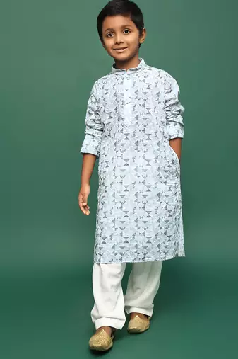 teal blue cotton chikankari kurta pajama for kids