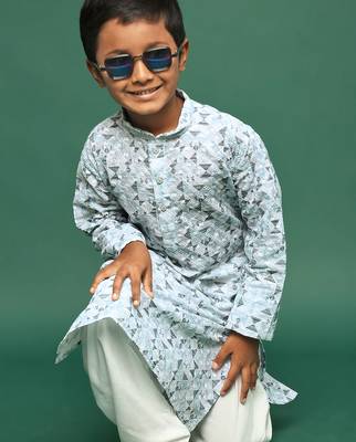 teal blue cotton chikankari kurta pajama for kids 4