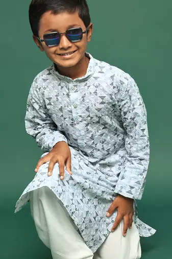 teal blue cotton chikankari kurta pajama for kids