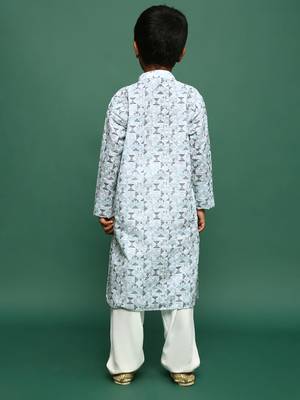teal blue cotton chikankari kurta pajama for kids 5