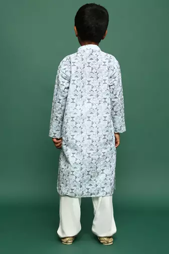 teal blue cotton chikankari kurta pajama for kids