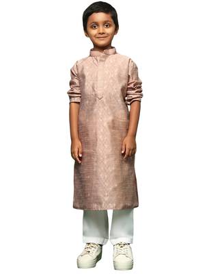deep beige  silk woven design kurta pajama for kids 1