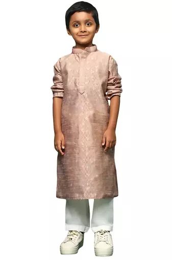deep beige  silk woven design kurta pajama for kids