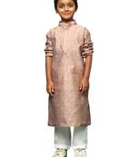 deep beige  silk woven design kurta pajama for kids