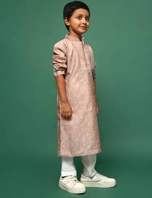 deep beige  silk woven design kurta pajama for kids 2