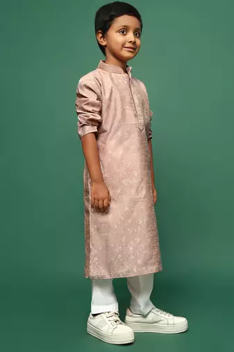 deep beige  silk woven design kurta pajama for kids