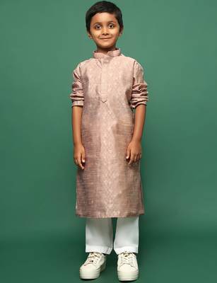deep beige  silk woven design kurta pajama for kids 3