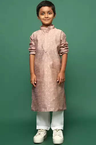 deep beige  silk woven design kurta pajama for kids
