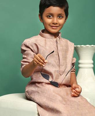 deep beige  silk woven design kurta pajama for kids 4