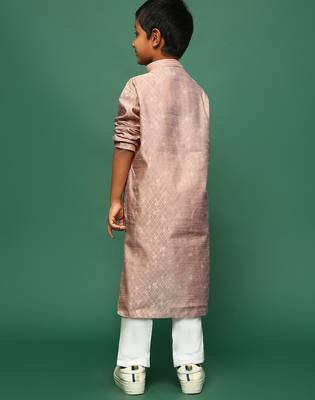 deep beige  silk woven design kurta pajama for kids 5
