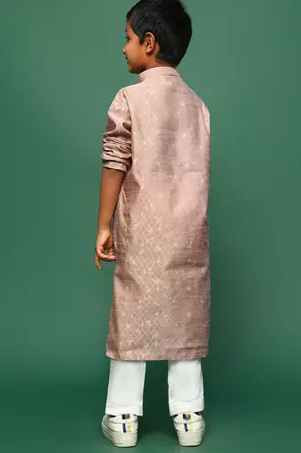deep beige  silk woven design kurta pajama for kids