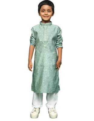green silk woven design kurta pajama for kids 1