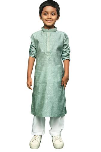 Classic royal green boys kurta set with jaquard radiates elegance for puja special