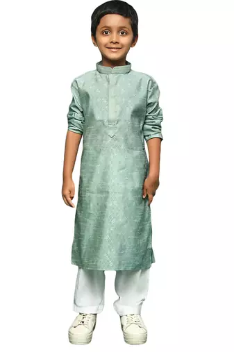 green silk woven design kurta pajama for kids