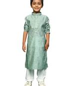 green silk woven design kurta pajama for kids