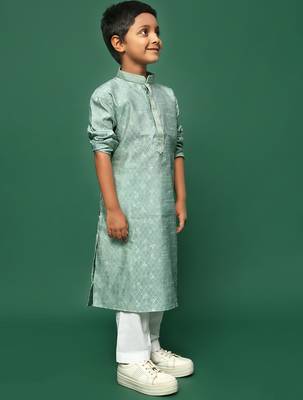 green silk woven design kurta pajama for kids 2
