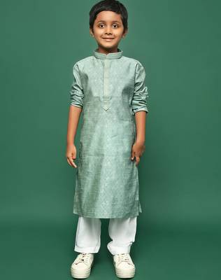 green silk woven design kurta pajama for kids 3