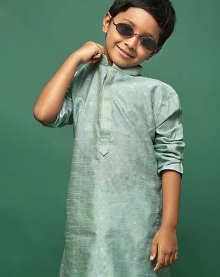 green silk woven design kurta pajama for kids 4