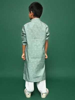 green silk woven design kurta pajama for kids 5