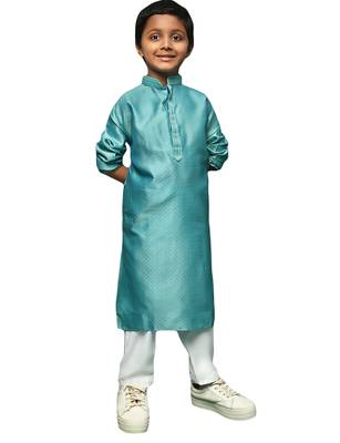 sea green silk woven design kurta pajama for kids 1