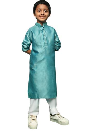 sea green silk woven design kurta pajama for kids