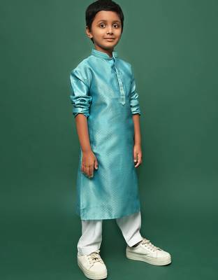sea green silk woven design kurta pajama for kids 2