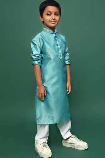 sea green silk woven design kurta pajama for kids