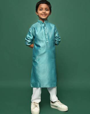 sea green silk woven design kurta pajama for kids 3