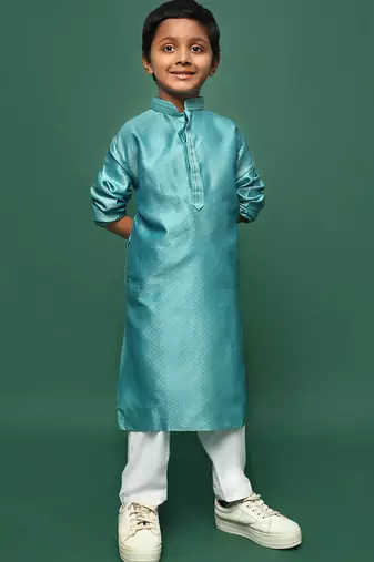 sea green silk woven design kurta pajama for kids