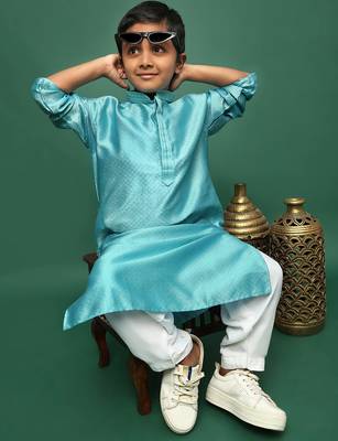 sea green silk woven design kurta pajama for kids 4
