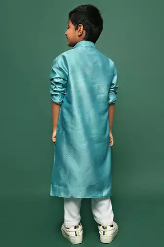 sea green silk woven design kurta pajama for kids