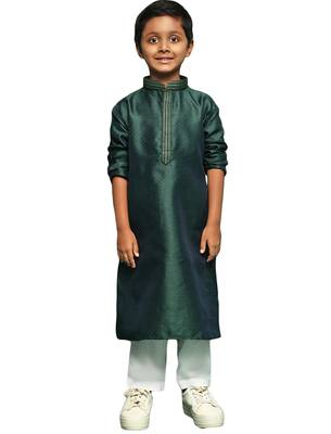 deep green silk woven design kurta pajama for kids 1