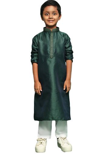 deep green silk woven design kurta pajama for kids