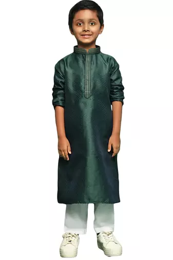 deep green silk woven design kurta pajama for kids