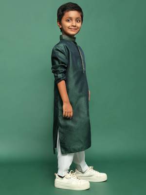 deep green silk woven design kurta pajama for kids 2